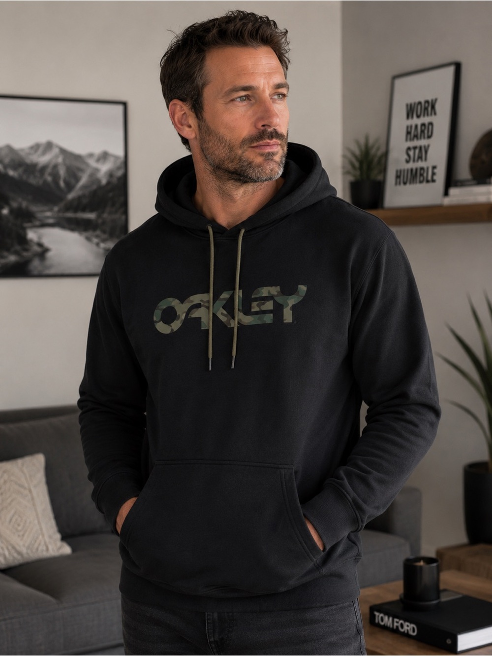 🌸 Oakley Black Mens Hoodie with Camouflage Logo